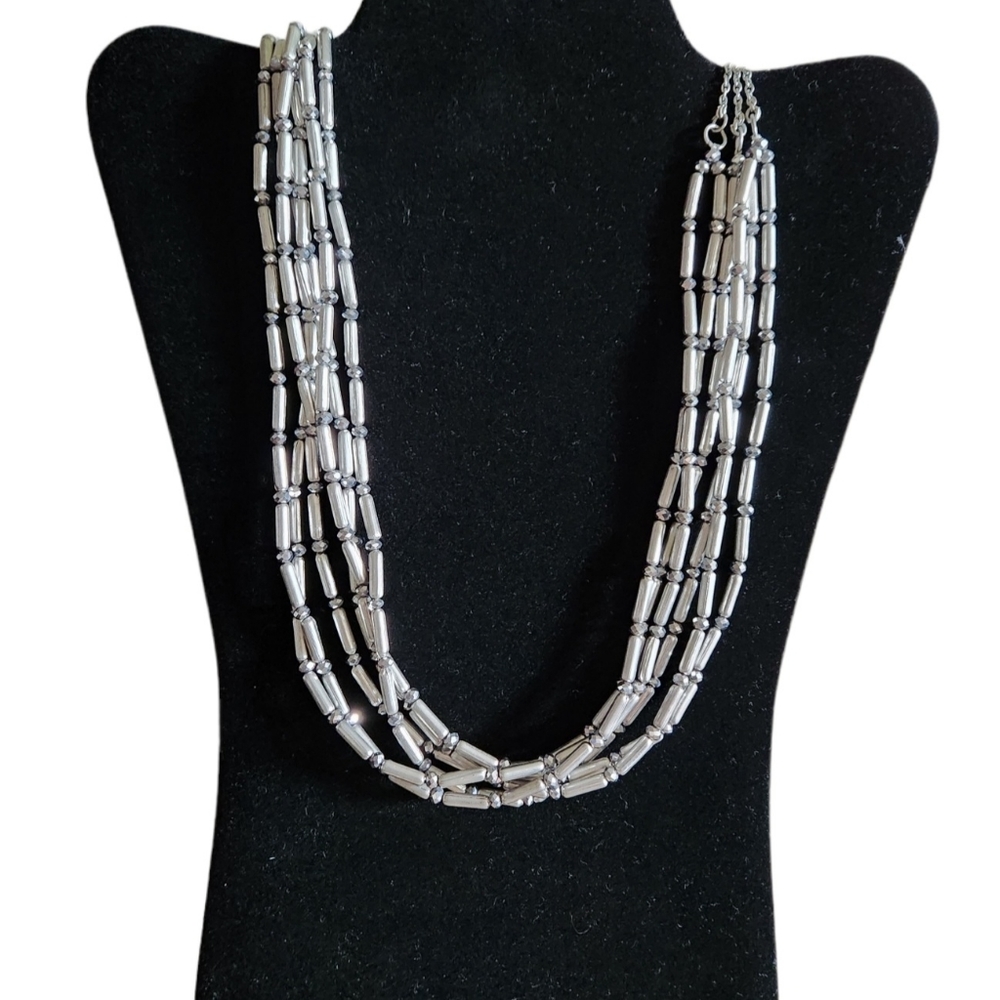 Chico's Statement Silver Tone 6String Necklace Silver Bead 32" Marcasite Crystal